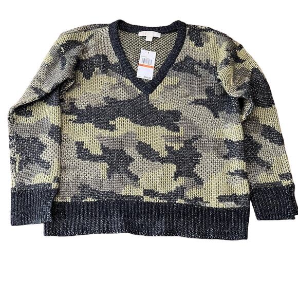 Michael Kors V Neck Knit Camo Sweater Green Gold Small - Picture 1 of 14